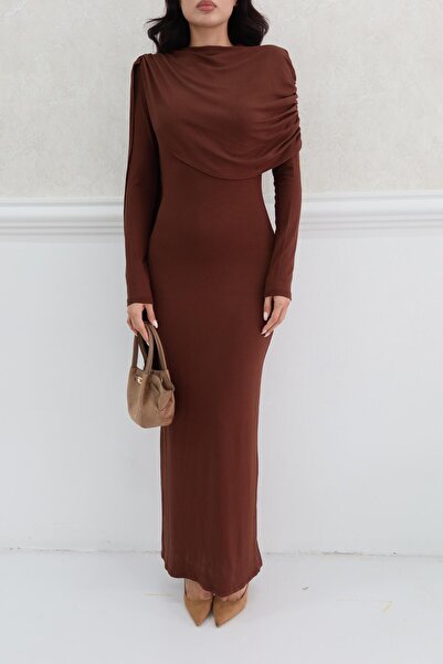 Serica Moda Brown Shoulder Draped Shawl Collar Dress
