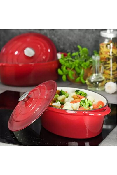 Kinghoff Enameled cast iron pot 6.2 liters, 33cm oval, saucepan with lid, red,