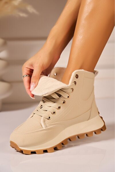 Joana Γυναικείες Μπότες με Επένδυση από Δέρμα σε Μπεζ Χρώμα - Μέγεθος 40