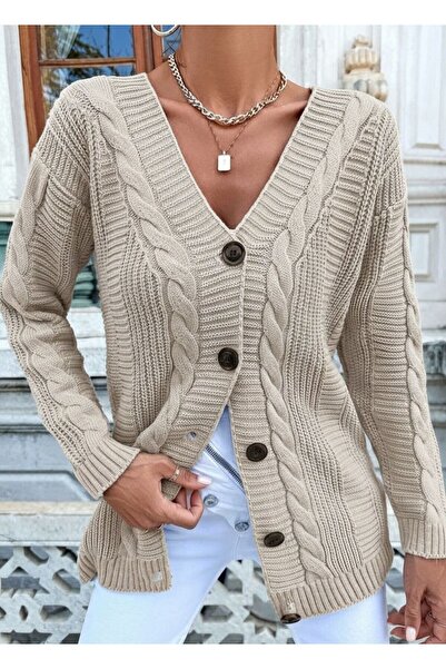 Cemre Life Women's Knitted Buttoned Thick Knitwear Cardigan
