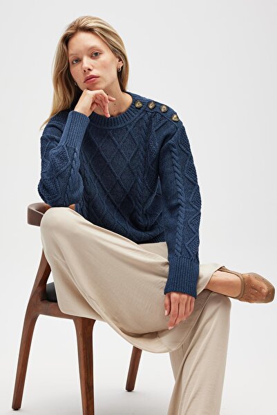 Peraluna Daphne Women's Knit Sweater with Braided Shoulder Buttons - Indigo Melange