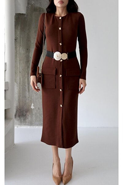 Serica Moda Buttoned Dress with Brown Rubber Belt Detail
