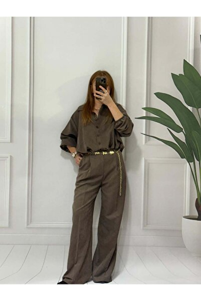Pulli Collection Kahve Oversize Gömlek ve Yüksek Bel Kumaş Pantolon Takım