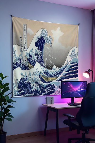 Halura Great Wave and Starry Night Wall Hanging – High-Quality Fabric, Room Decor Tapestry Wall Carpet