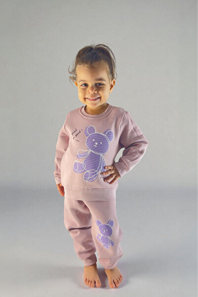 Nanabel Girl's Dusty Rose Teddy Bear Printed 2-Piece Tracksuit Set (Sweatshir...