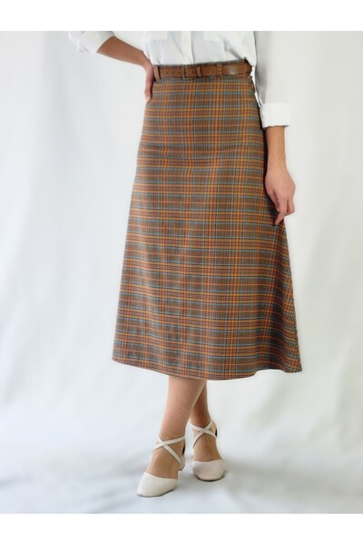 YAXİ Belt-Detail Midi-Length Loose Orange Plaid Woven Skirt