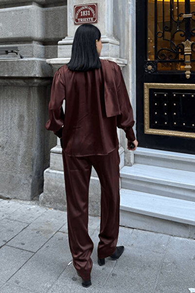 cemo Women's V-Neck Shirt Satin Suit