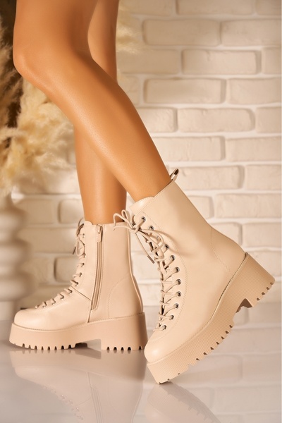 Joana Beige Faux Leather Women's Lined Boots 6CM Platform