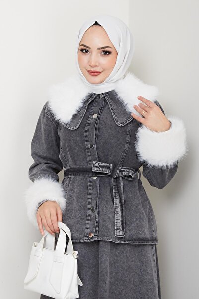 Hb Harma Time Butik Women's Plush Detailed Belted Jeans Black Two-Piece Set