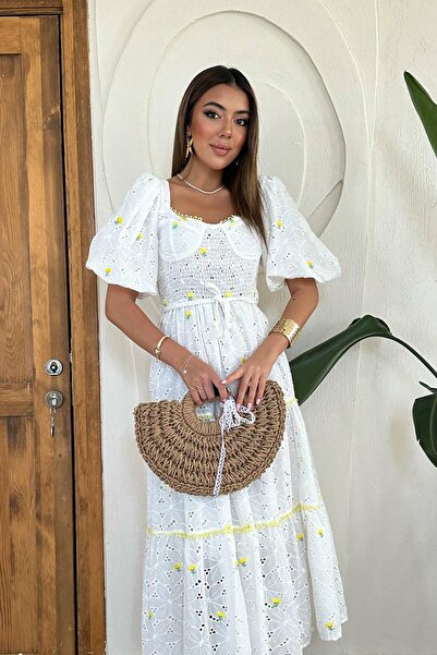 Leina Fırfırlı Kollu Boho A Kesim Beyaz Elbise