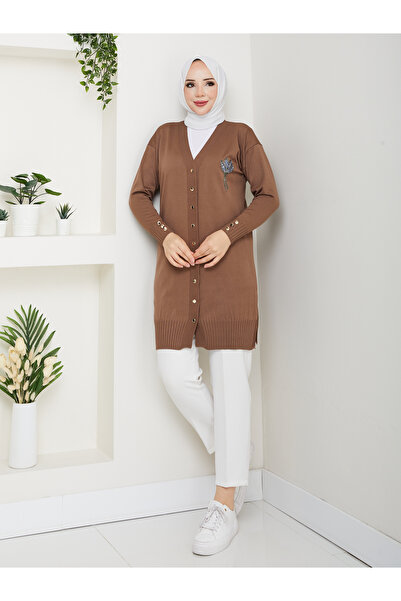 KMKkombin Women's Long Sleeve Knit Cardigan with Stone Detail on the Chest and Buttons