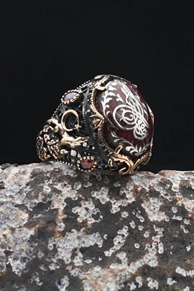 Prestige Ay Yıldızlı Ve Kurt Figürlü Ve Osmanlı Tuğralı Mineli 925 Ayar Gümüş Erkek Yüzük 902332