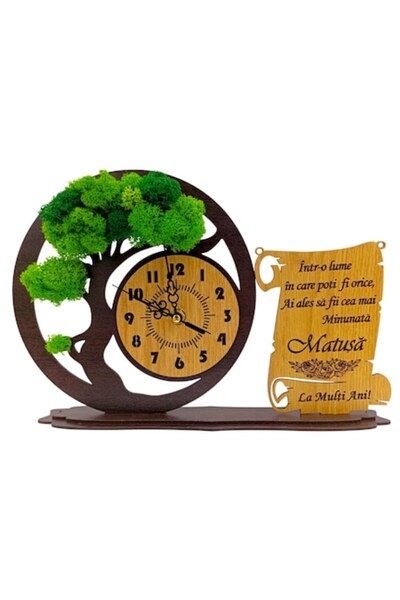 OEM Ceas bonsai cu licheni stabilizați și mesaj pentru mătușă, 30x20 cm, wenge