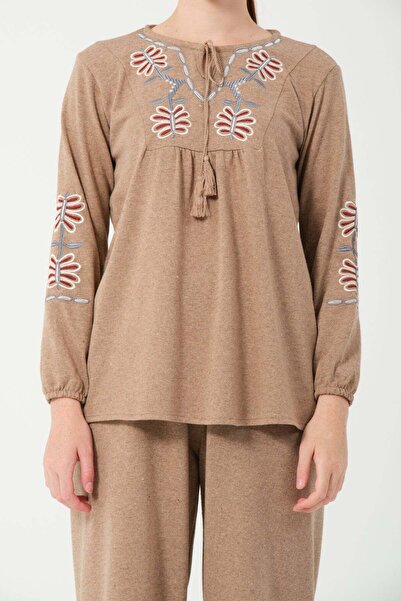 Hatun Atila HatunAtila Hera Υφασμάτινο Σετ Με Αυθεντικές Κεντημένες Φούντες στο μπροστινό μέρος και στα μανίκια 7668 Mink