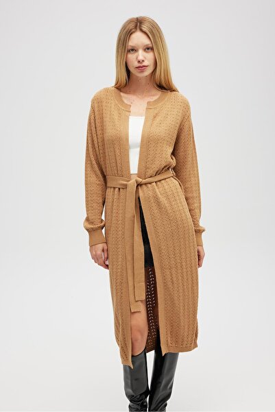 Peraluna Zeyna Mini Embossed Knitted Long Cardigan - Camel