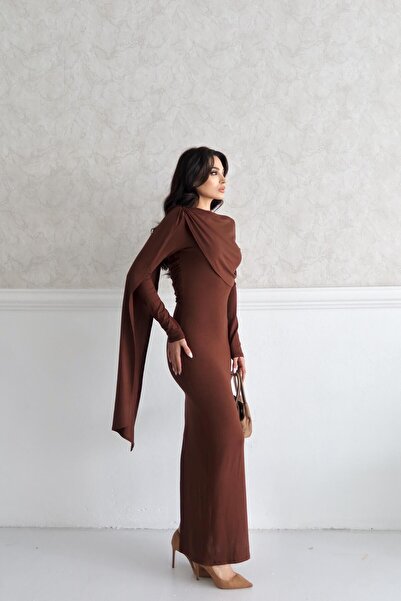 Serica Moda Brown Shoulder Draped Shawl Collar Dress