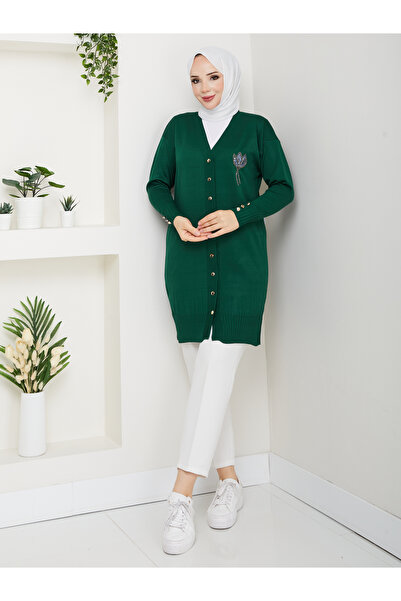 KMKkombin Women's Long Sleeve Knit Cardigan with Stone Detail on the Chest and Buttons