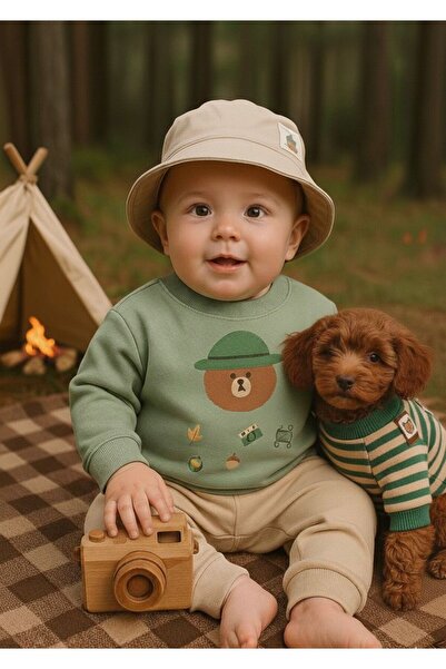 P&H BABYWEAR قبعة سفاري للأطفال الأولاد، دمية دب للتخييم، مطبوع قطع من القطن،...