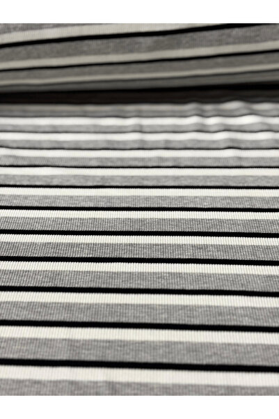 iki iplik Siyah Gri Beyaz Çizgili Ribana Kumaş - En 110 cm | Esnek ve Dayanıklı Kumaş