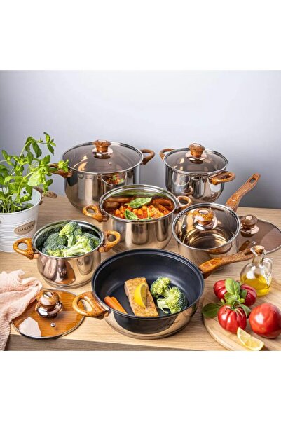 Kinghoff Set of 6 pots with lids, stainless steel, brown handles, 16/16/18/20/24/24 cm,