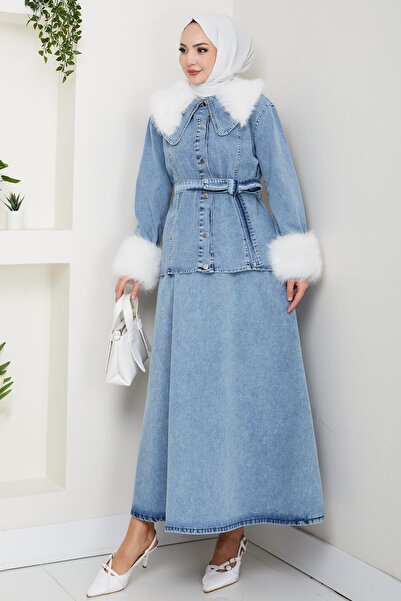 Hb Harma Time Butik Women's Plush Detailed Belted Jeans Blue Double Set