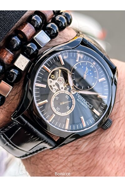 Ferrucci Automatic (Battery-Free) Men's Watch, Black Leather Band, in Stylish Box, Bracelet Gift