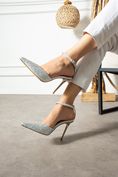 Güllü Shoes White Stone Metallic Silver Heeled Ankle Strap Stiletto – 10 cm Thin Heel Shoes