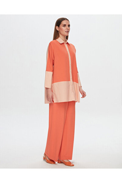 MISS DALIDA T24Y-3009 Ön Kısmı Triko Çizgili Gömlek 1248-ORANGE