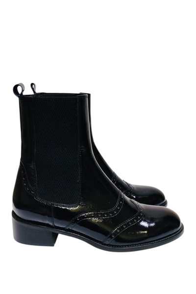 DRY SHOES Hakiki Deri Siyah Rugan Kadın Bot Ayakkabı Yuvarlak Burun Kısa Topuk Yanı Lastikli Çizme X-7016