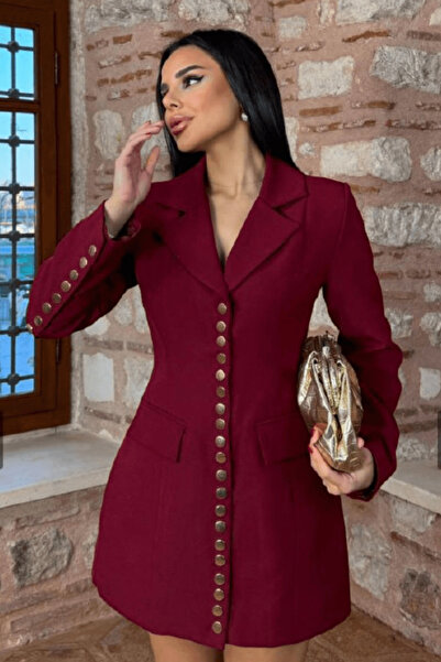 cemo Kadın Bordo Çıt Çıt Gold Düğmeli Mini Blazer Ceket Elbise