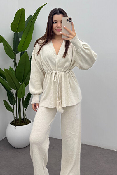 Bipantolon Women's Ecru Waist Tassel Lace-Up Detailed Cardigan Pants Two-Piece Knitwear Set