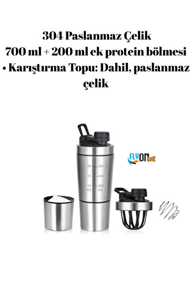 FLYONLOOK 304 Steel Protein Shaker 700 ml - Non-Clumping Mixer, Fitness Shaker & Smoothie Bottle with Additional Compartment