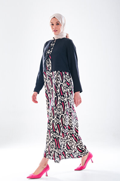 Plistre 2271_Women's Patterned Cotton Woven Sleeveless Gilet Dress and Lace-Up Long Sleeve Black Jacket Hijab Set