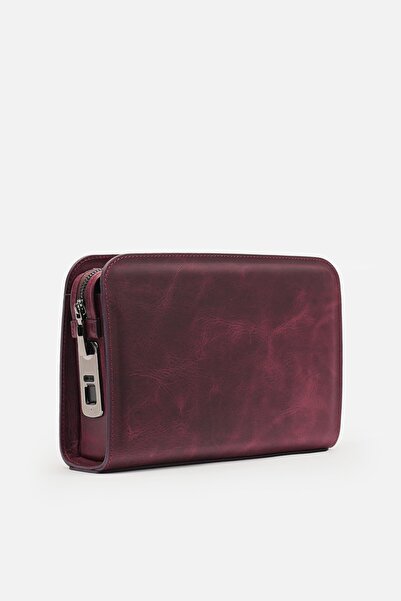 MAFİ İmza %100 Hakiki Bordo Deri Biyometrik El Çantası (Parmak İzi Kilitli)