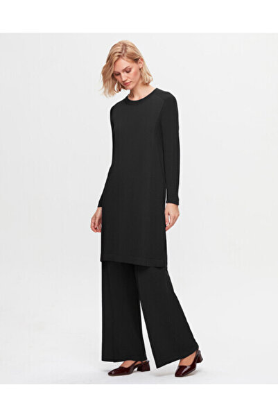 MISS DALIDA T25K-6036 Düz Renk Uzun Triko Siyah Tunik