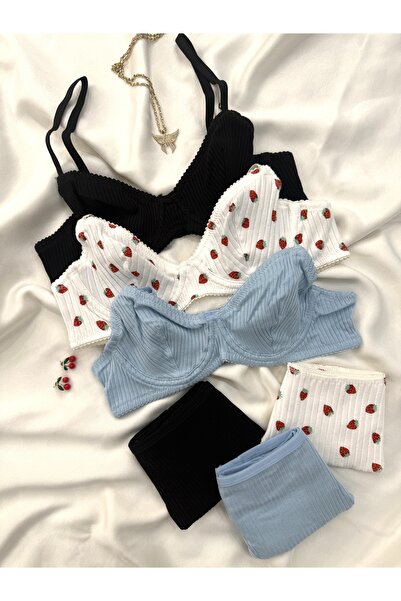 İNKO İÇ GİYİM 3 Colorful Underwire Patterned Cotton Bra Set