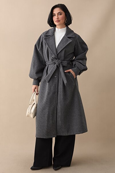 InStyle cu două rânduri de nasturi Palton din catifea antracit, fără căptușeală, cu mâneci cu balon și curea