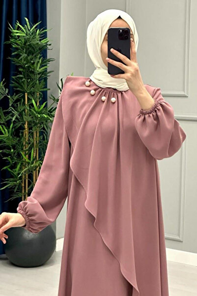 Abiye Diyarı Kadın Krep Kumaş Yakası İnci Detaylı Levanur Tesettür Elbise
