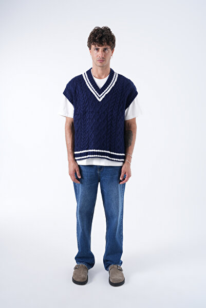 2512 Clothing Unisex Şeritli V Yaka Triko Süveter