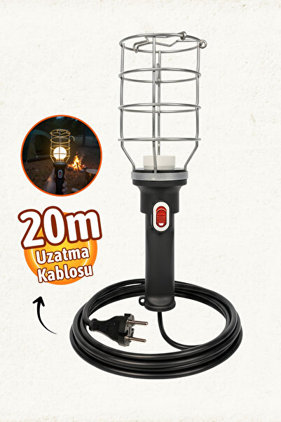 Badem10 Siyah 20 mt Plastik Saplı Metal Koruma Kafesli Kablolu E27 Standart D...