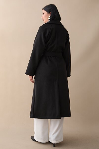 InStyle Çift Düğmeli Astarsız Cepli Kuşaklı Siyah Kaşe Kaban