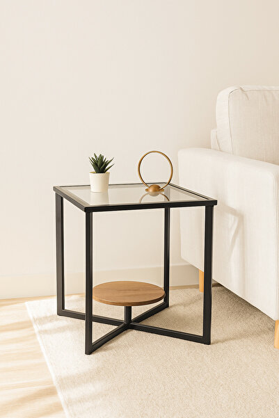 MARIA HOMES Modern Glass Side Table with Black Metal Frame and Brown Wooden Shelf – Square End Table 40×40×50 cm