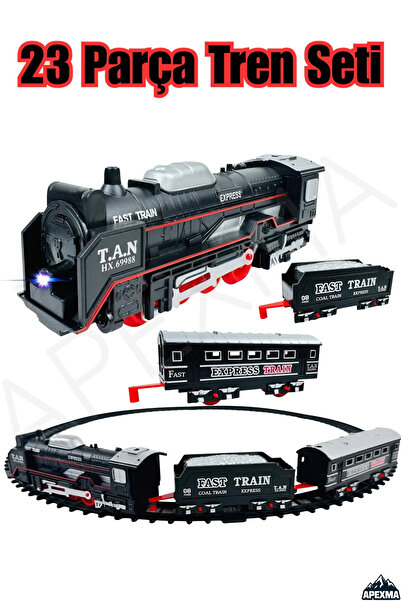 Apexma Oyuncak Işıklı 96 Cm Raylı Vagonlu Retro Model Tren - 23 Parça Raylı Klasik Tren Demiryolu Seti