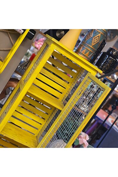 Le Atölye Ahşap Izgaralı Nostaljik Tel Dolap Büyük Boy Sarı Eskitme