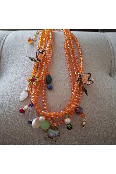 azra takı tasarım Handmade Orange Crystal Charm with Natural Pearl,Fish,Needlework 1Pc Design Short Women's Necklace