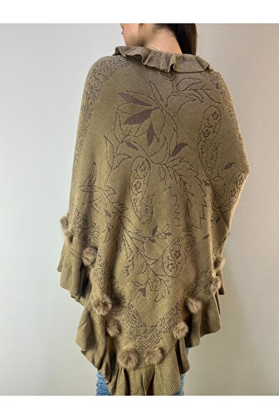 Gönülden Tasarım Firfir Collar with Pompoms Patterned Brown Women's Poncho Shawl