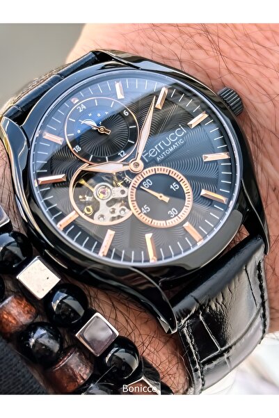 Ferrucci Automatic (Battery-Free) Men's Watch, Black Leather Band, in Stylish Box, Bracelet Gift