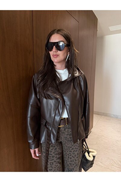 begum mayda Кожено яке с колан, светлокафяво, премиум кожа