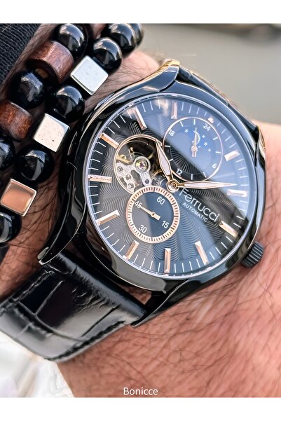 Ferrucci Automatic (Battery-Free) Men's Watch, Black Leather Band, in Stylish Box, Bracelet Gift