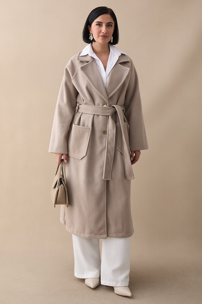 InStyle Double Buttoned Belted Stone Stitch Coat with Pockets
